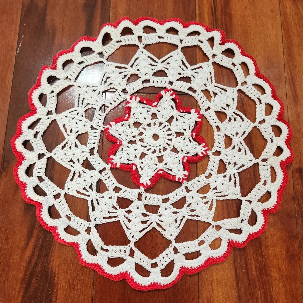Vintage pair of White and Red Snowflake Flower Doilies